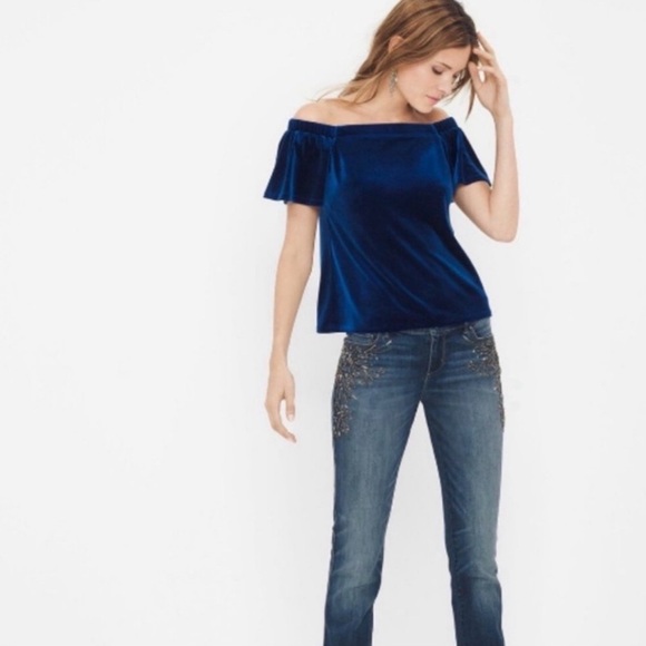 WHBM Velvet off-the-shoulder top in Navy / Cobalt Medium - Picture 4 of 6